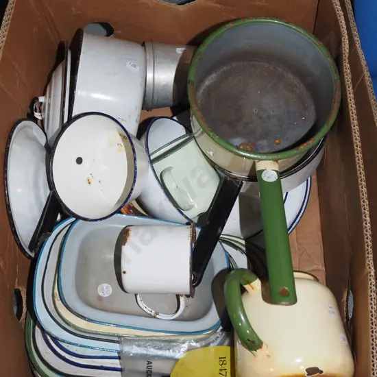 box; enamel pots, pans, teapots etc