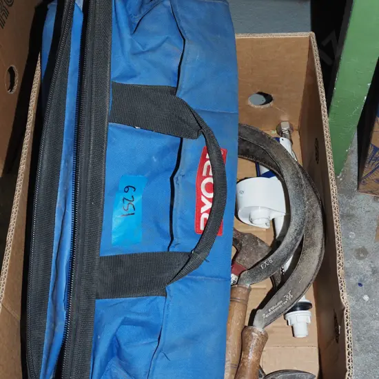 box; Ryobi tool bag, sickles, hammer etc