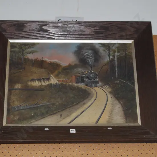 oak framed oil on board - steam train H630 W800