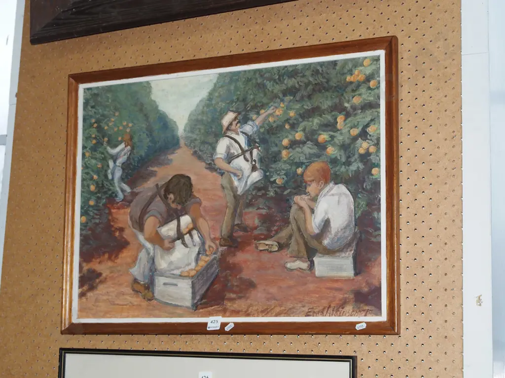 framed acrylic on board - apple pickers - some foxing Image 1++
