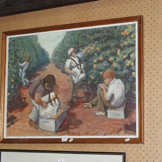 framed acrylic on board - apple pickers - some foxing