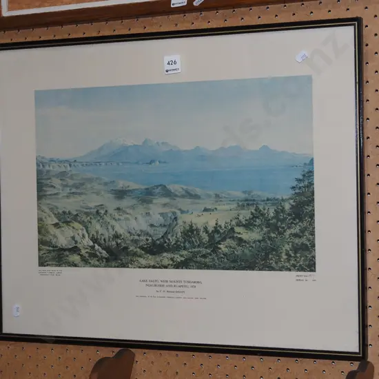 framed historic print - Lake Taupo and mountains
