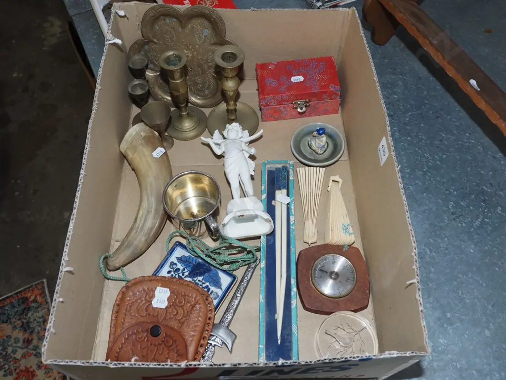 box; brass candlesicks, Wade ring dish, chopsticks etc Image 1++