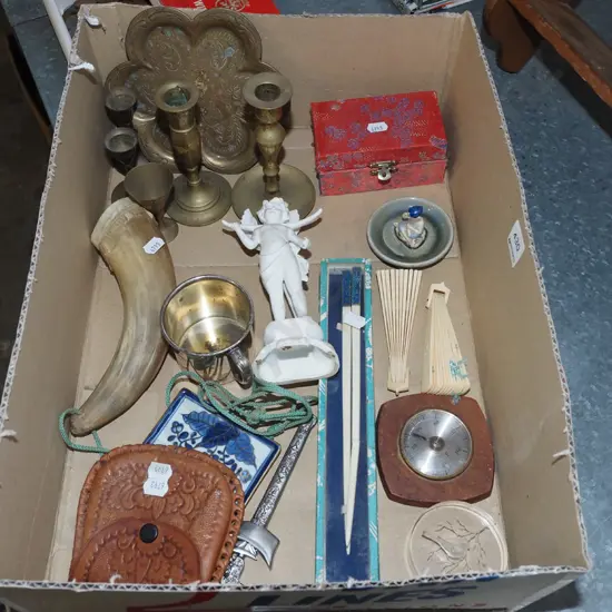 box; brass candlesicks, Wade ring dish, chopsticks etc
