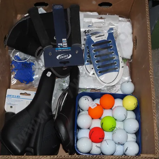 box; golf balls, bike seats, handle grips etc