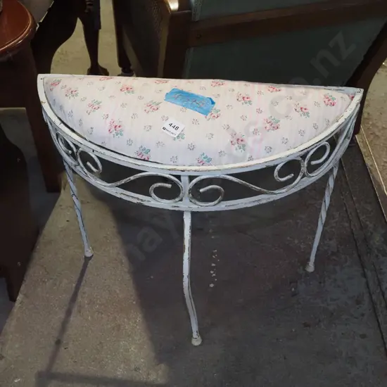 mid century metal half round table - glass replaced by cushion - not suitable for sitting on