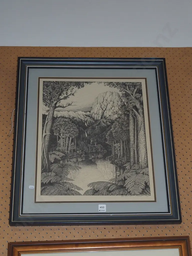 Rei Hamon framed ltd edition print - forest, stream and mountain scene Image 1++