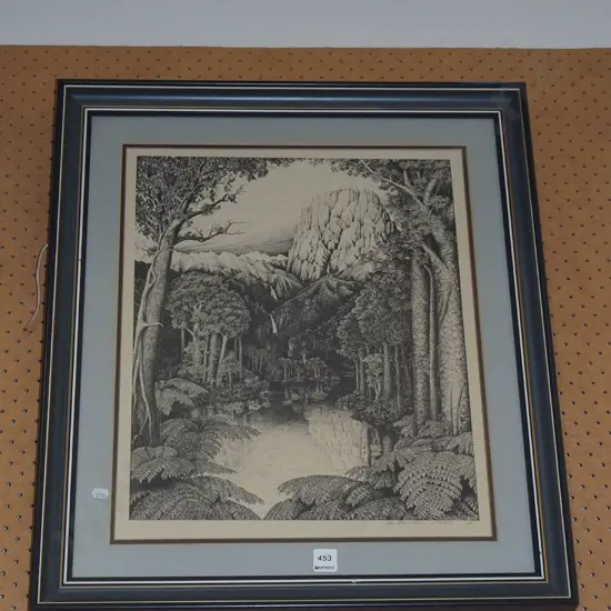 Rei Hamon framed ltd edition print - forest, stream and mountain scene