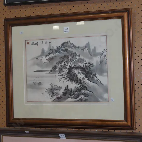 framed Asian ink on paper - landscape