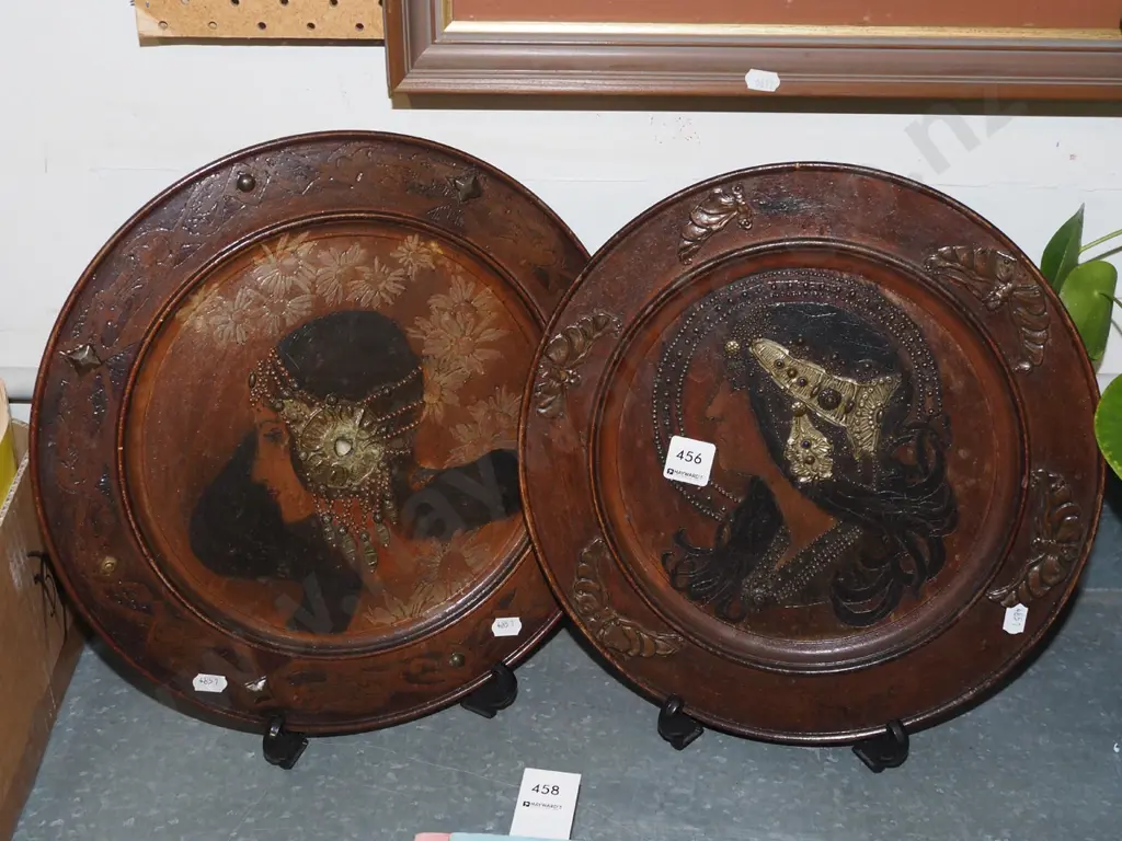 2x wooden art nouveau style plates - 1  plate missing butterflies around edge Image 1++