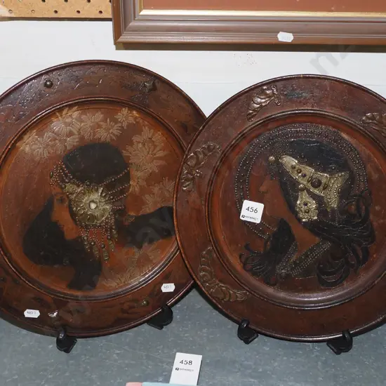 2x wooden art nouveau style plates - 1  plate missing butterflies around edge