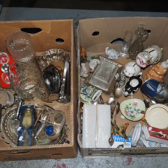 2x boxes; plated ware, glass jug, cutlery, cow creamers etc - red dots