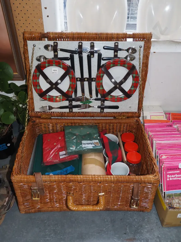 cane picnic hamper and contents, cutlery, plates etc Image 1++