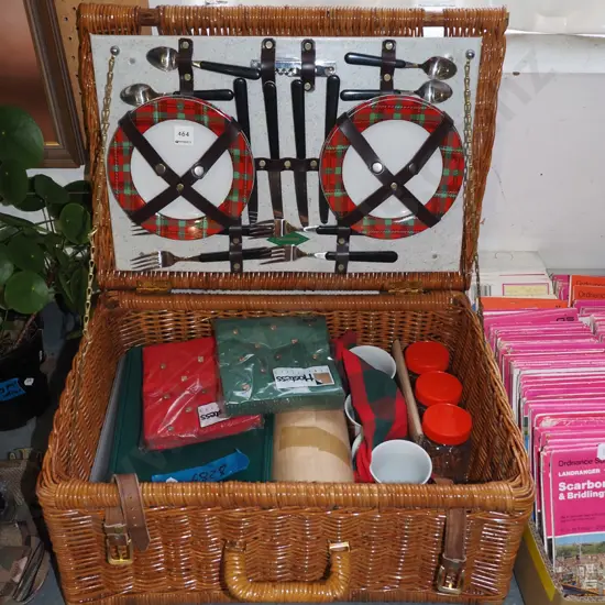 cane picnic hamper and contents, cutlery, plates etc