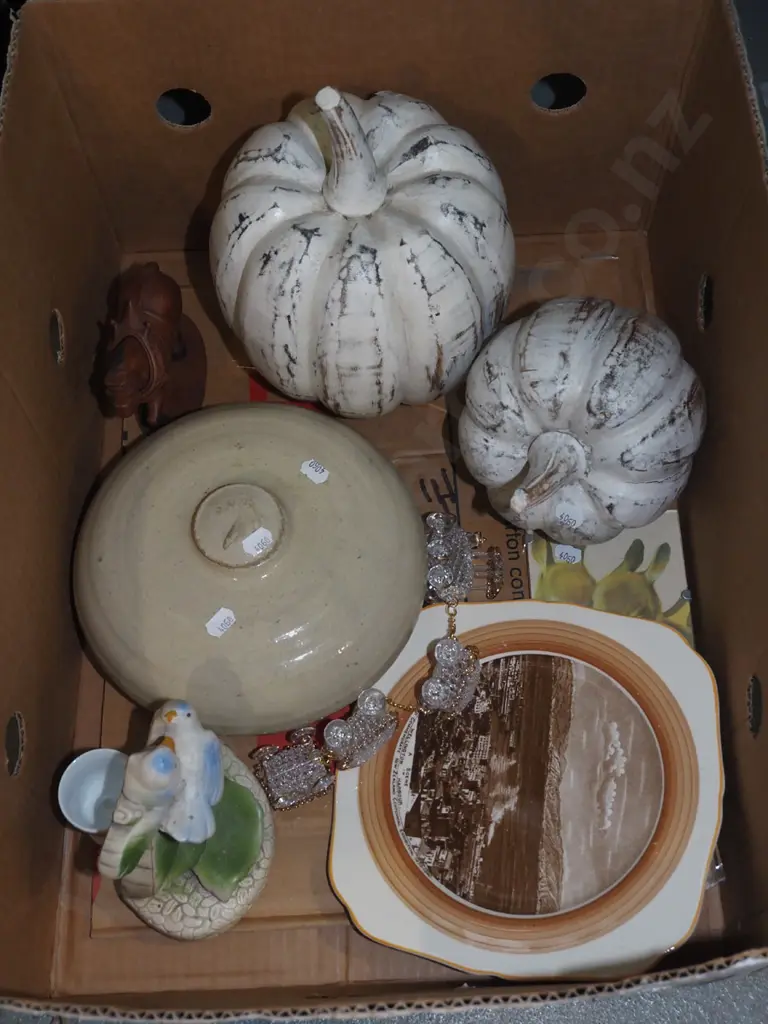 box; pumpkin ornaments, Wellington Harbour plate, stoneware hot water bottle etc Image 1++