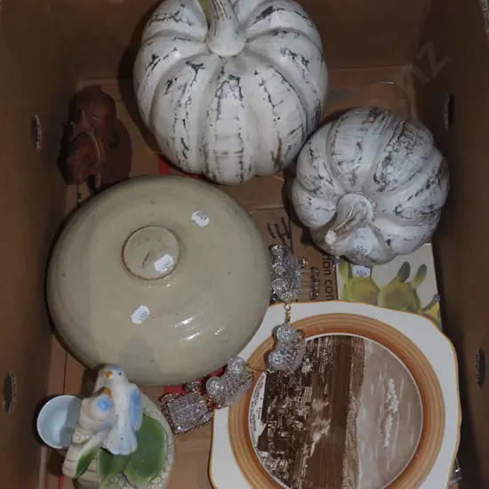 box; pumpkin ornaments, Wellington Harbour plate, stoneware hot water bottle etc