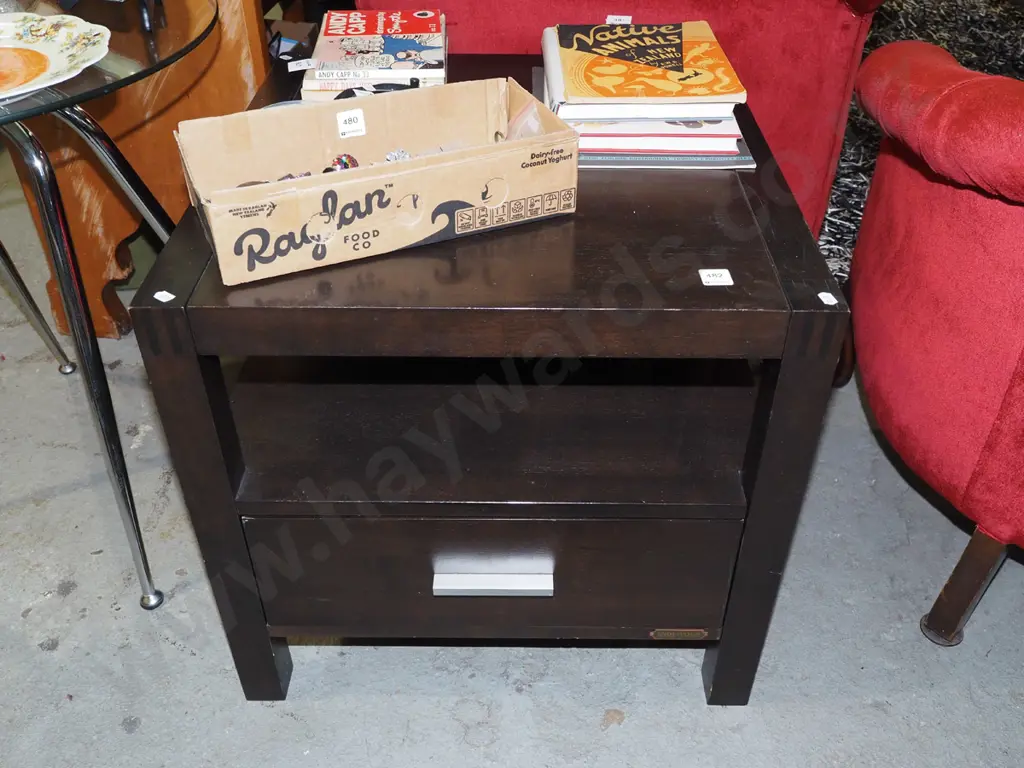 dark stained single drawer end table H540 W610 D580 Image 1++