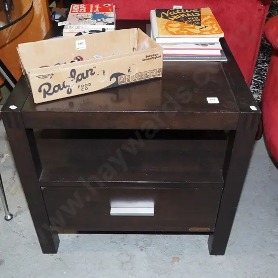 dark stained single drawer end table H540 W610 D580