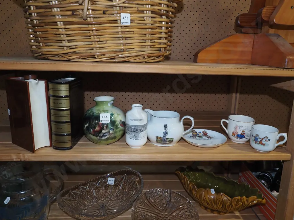 shelf; book decanters, vases, NZ souvenir ware etc Image 1++