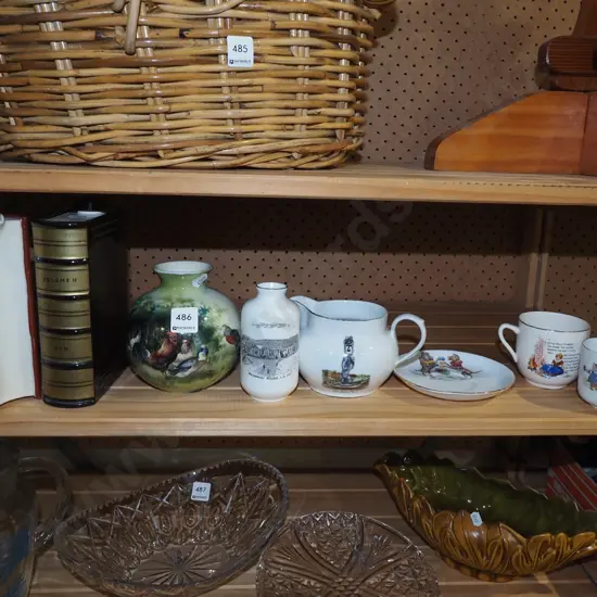 shelf; book decanters, vases, NZ souvenir ware etc