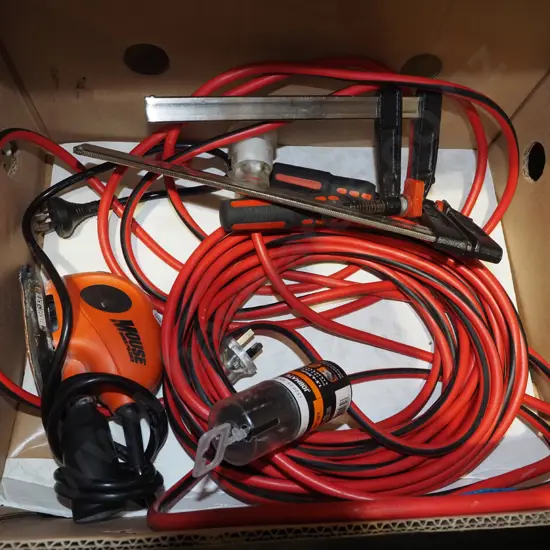 box; f clamps, extension cord, drill bits etc