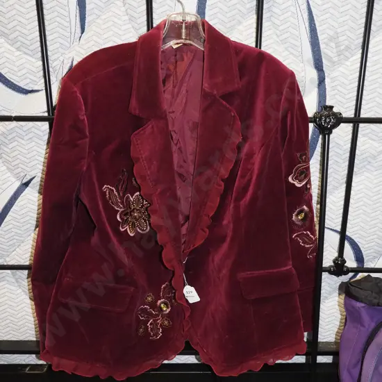 ladies red velvet jacket with embroidery - size 20R Great Britain