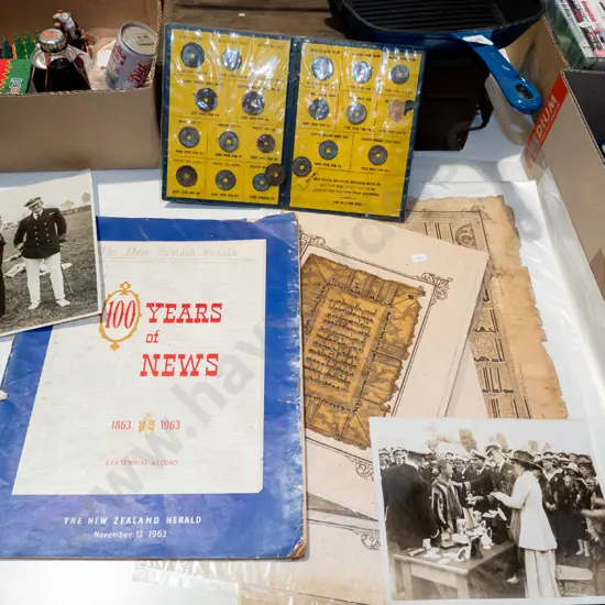 coin set, photographs, NZ Herald etc