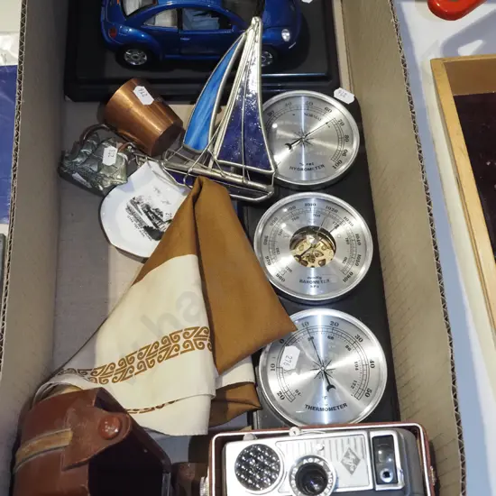 box; AirNZ scarf, yacht figurine, barometer/thermometer/hydrometer etc