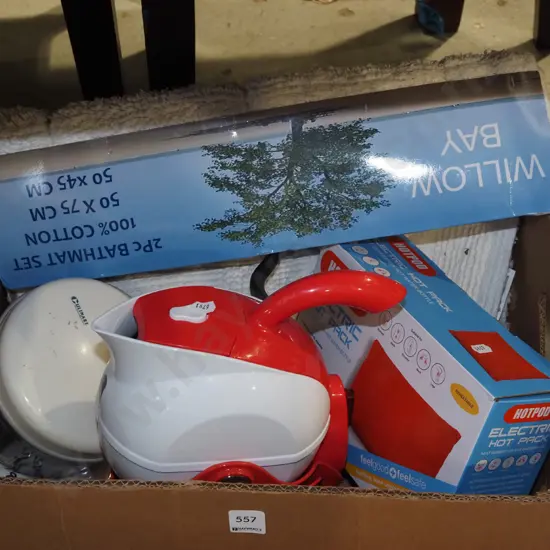 box; easy pour kettle, hand operated food processor, bath mat etc
