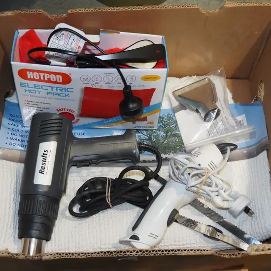 box; bath mats, heat gun, hot pod etc