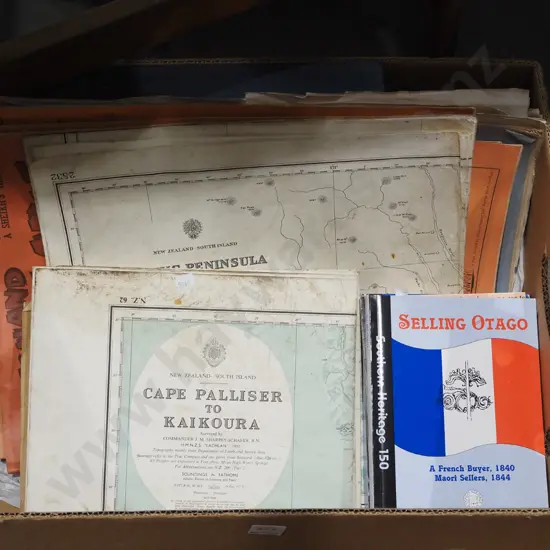 box; various maps, Otago Books, newspapers etc