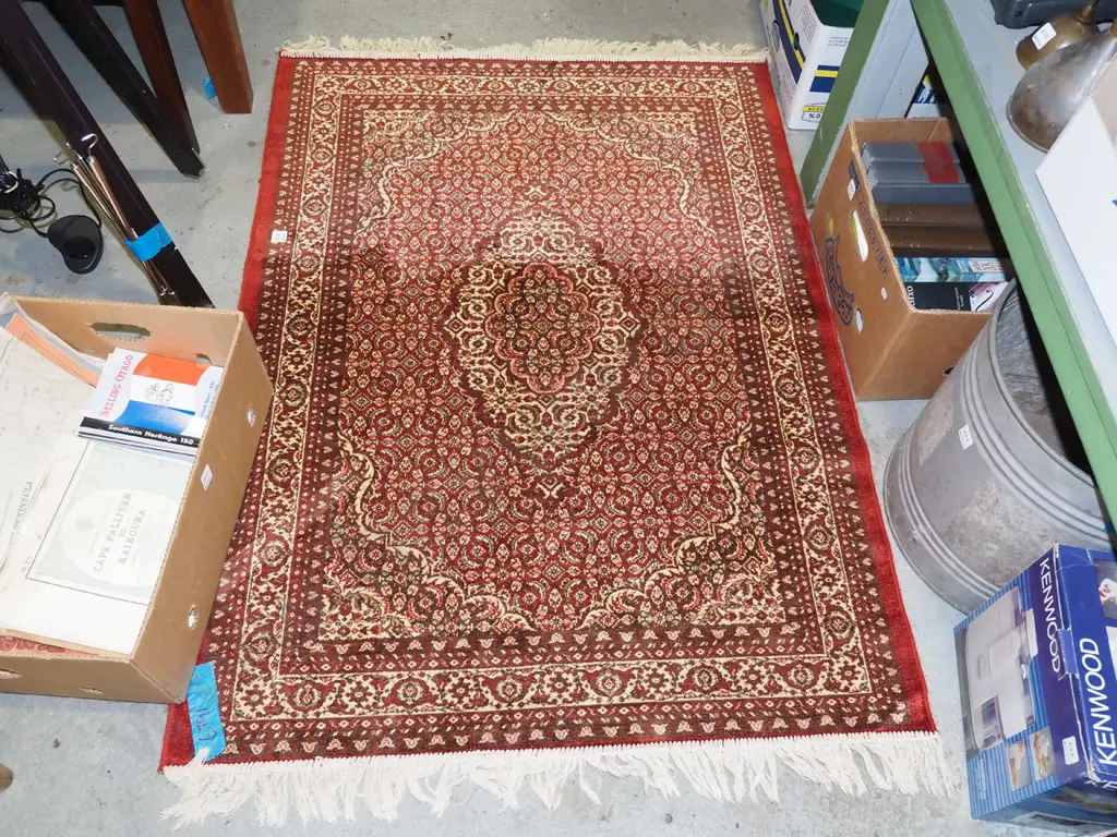 small light weight floor mat with tufted ends - creams, browns, reds L1370 W1000 Image 1++