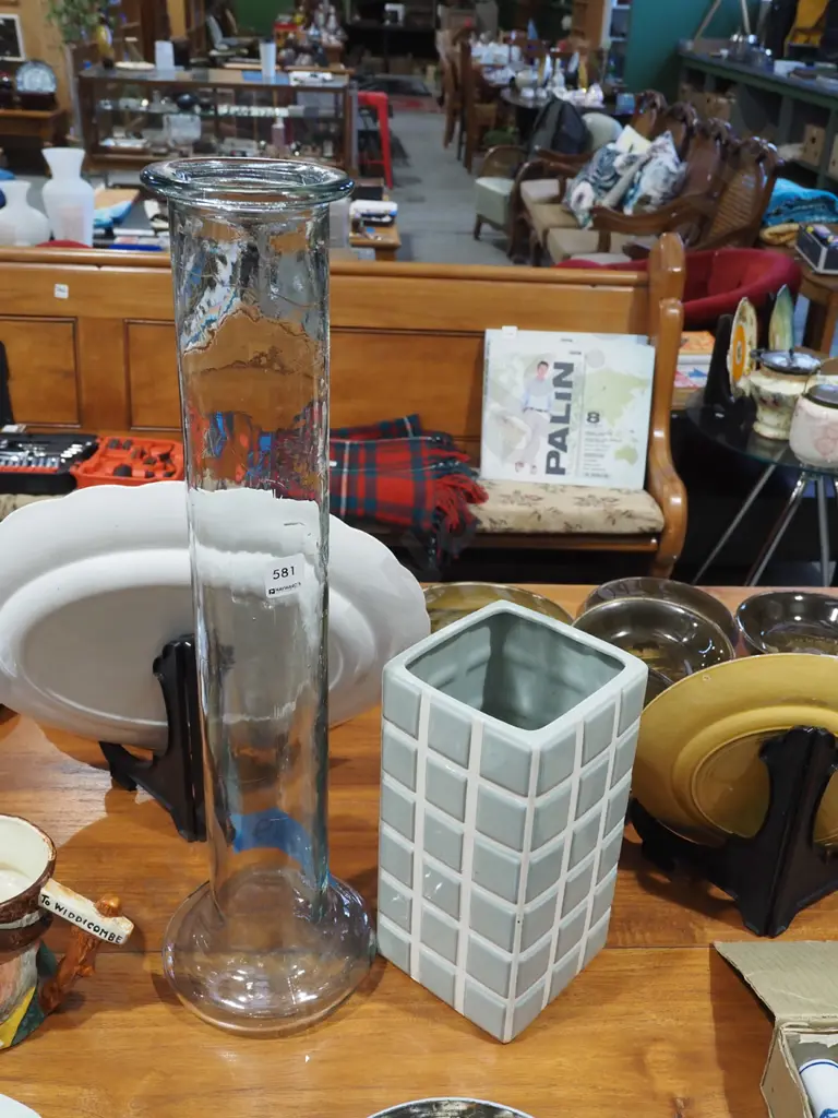 tall glass vase, studio pottery rectangular vase H575 Image 1++