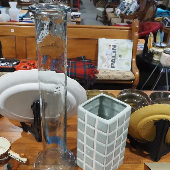 tall glass vase, studio pottery rectangular vase H575