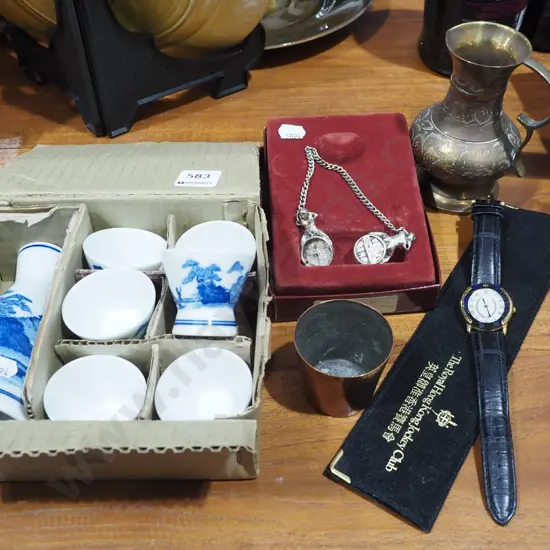 Japanese blue and white saki set, brass jug, watch etc