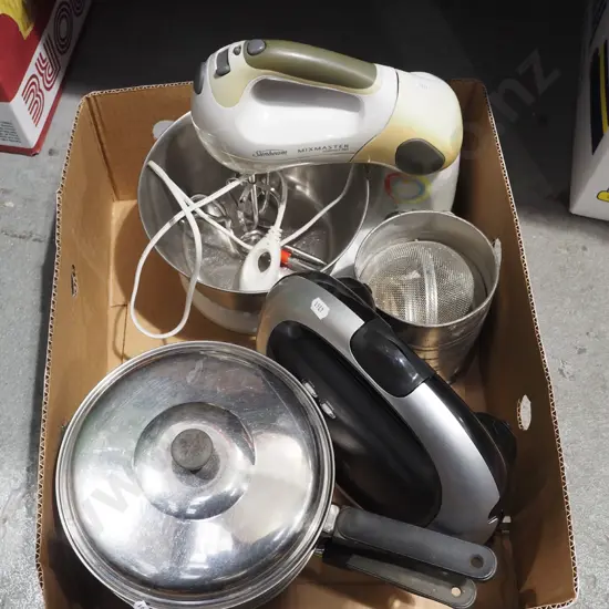 box; stainless steel pot, flour sifter, mixer etc