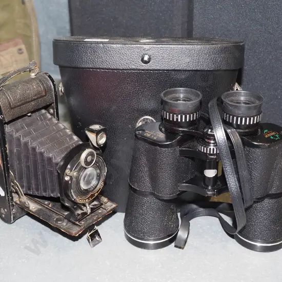 cased 7x50 binoculars, concertina camera