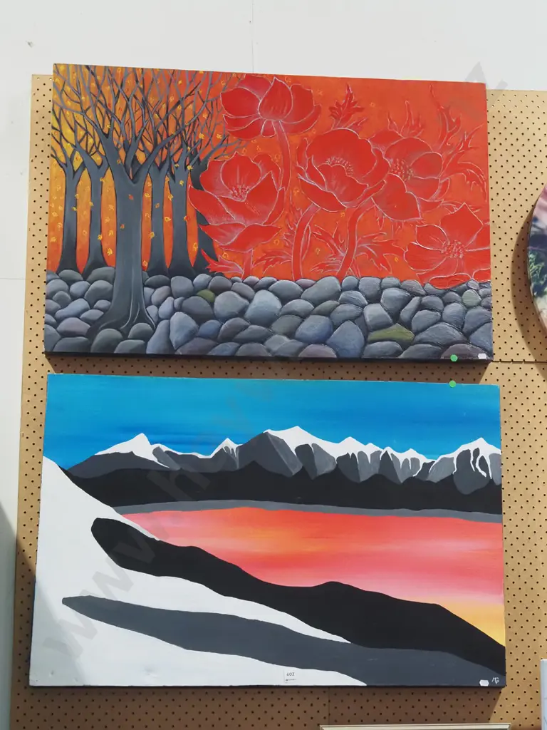 2x acrylics on canvas - landscapes - green dots Image 1++