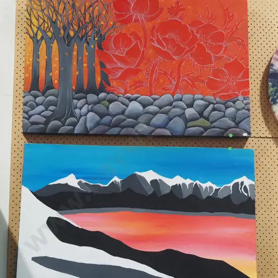 2x acrylics on canvas - landscapes - green dots