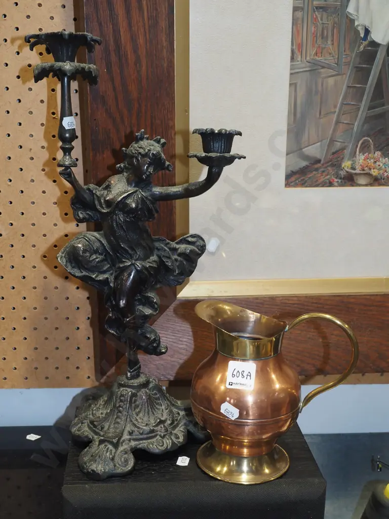 cast alloy figural candle holder and acopper and brass jug Image 1++