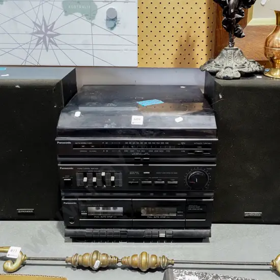 Panasonic stereo system with Pioneer speakers, turntable, tuner, twin cassette