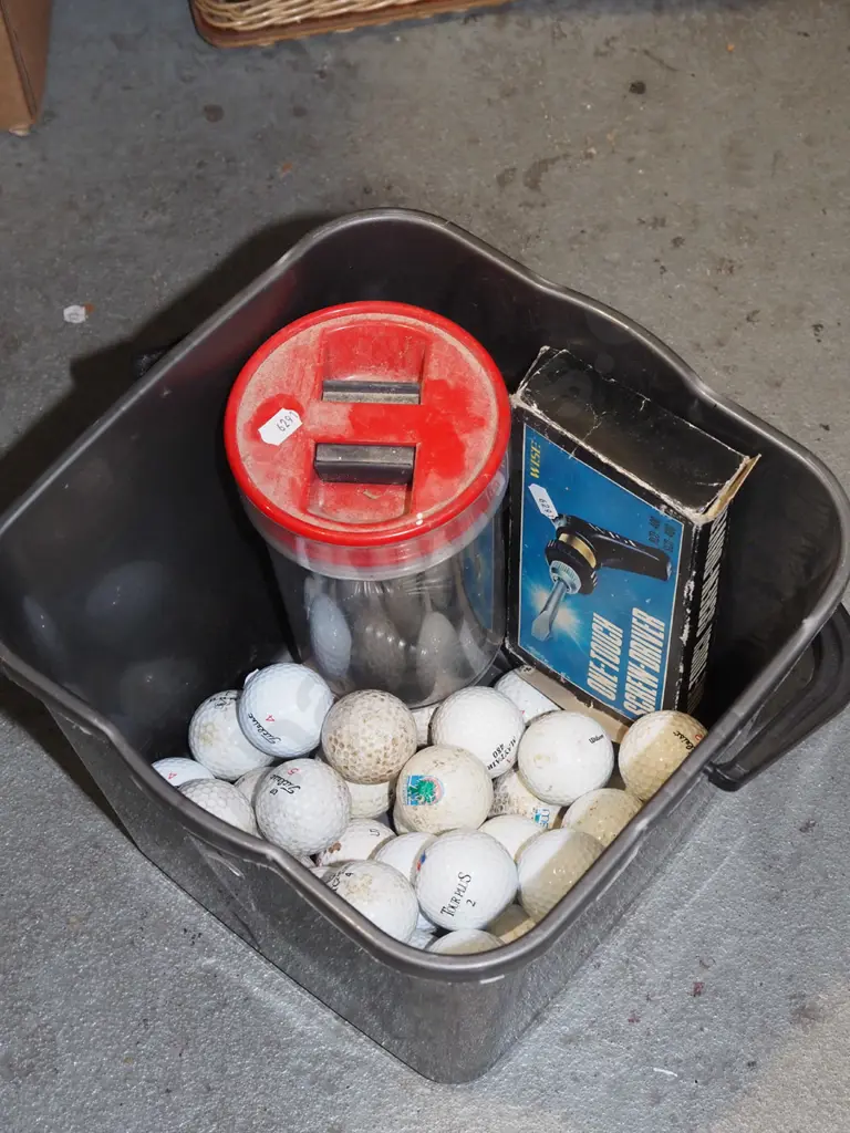 plastic tub; golf balls, picture hooks etc Image 1++