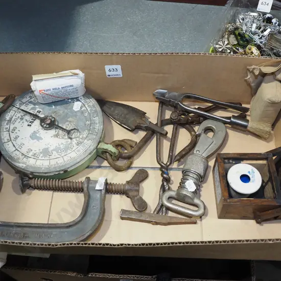 box; spring scales, G clamp, spear head etc