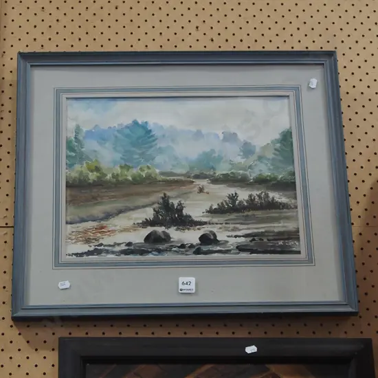 framed watercolour - stream and forest scene