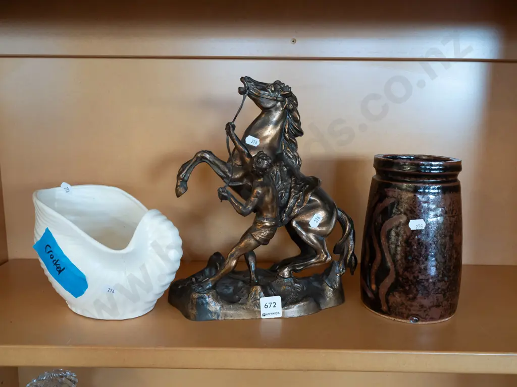 shelf; Crown Lynn shell vase - large crack, horse figurine H280, pottery jar Image 1++