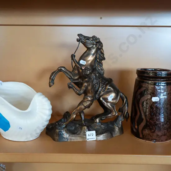 shelf; Crown Lynn shell vase - large crack, horse figurine H280, pottery jar