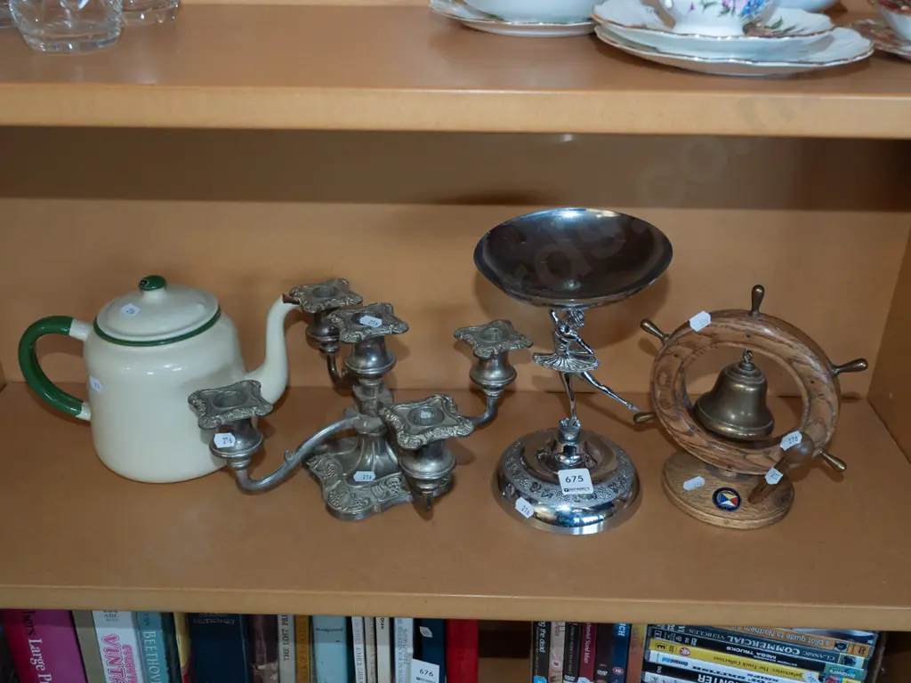 shelf; ship's wheel gong/bell, enamel teaopt, comport, candelabra Image 1++