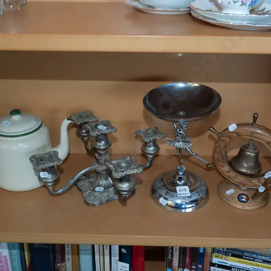 shelf; ship's wheel gong/bell, enamel teaopt, comport, candelabra