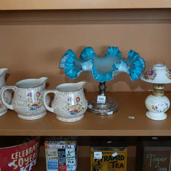 shelf; frilled glass comport H200, figurine, lantern etc