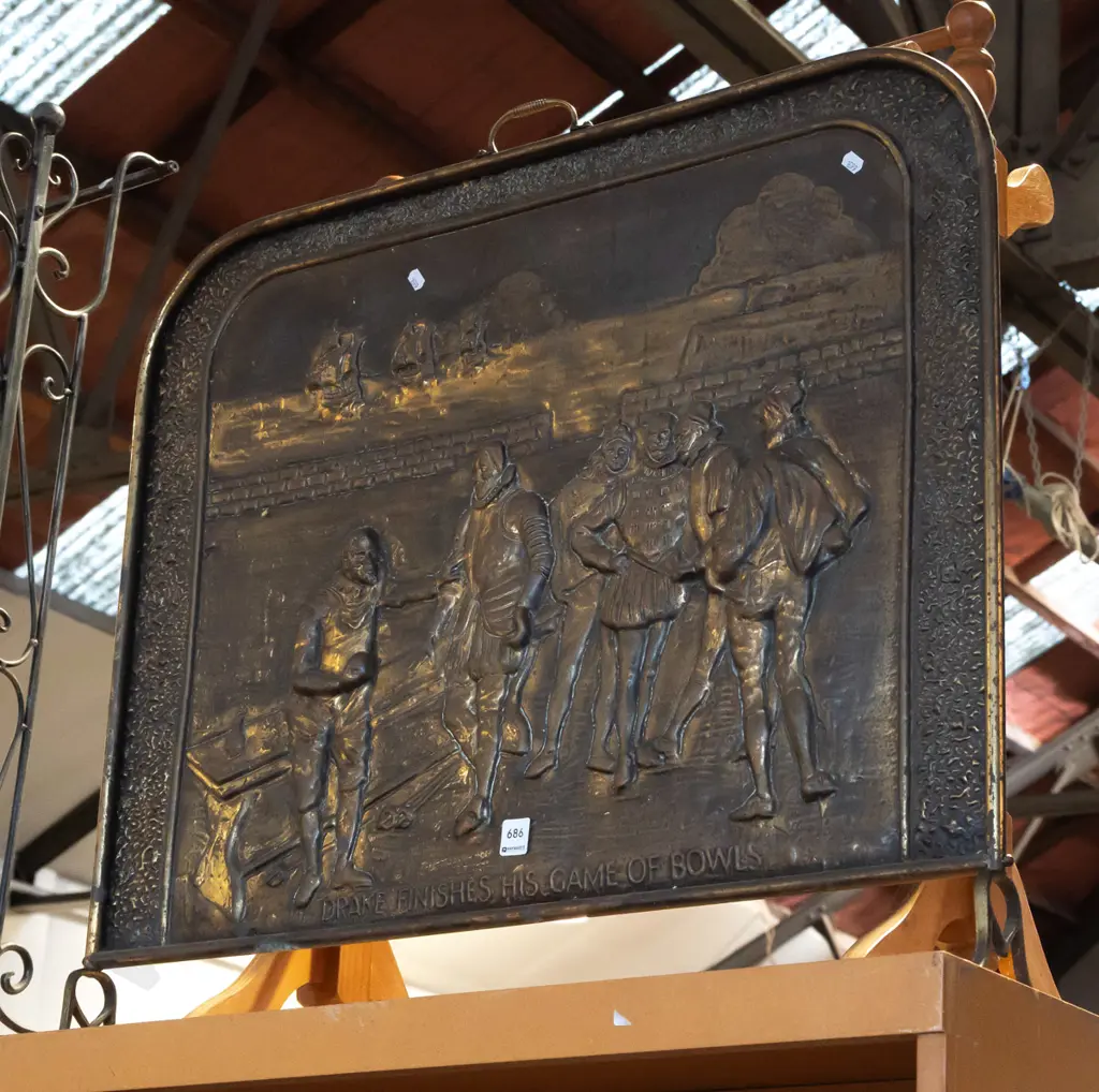 pressed brass firescreen - Drake finishes his game of bowls H660 Image 1++